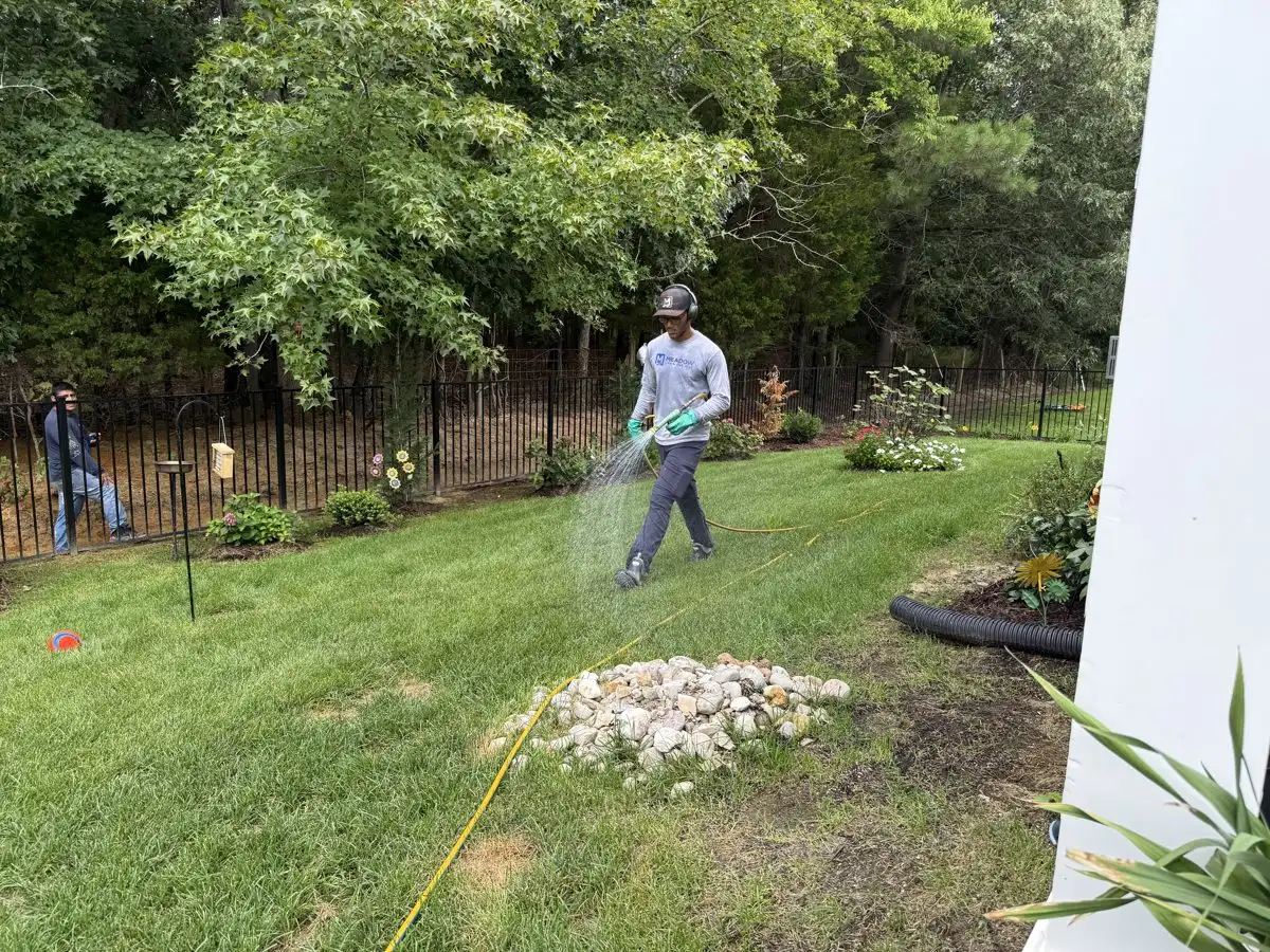 Meadow Lawn & Pest technician applying fall fertilizer evenly on a Hampton Roads lawn